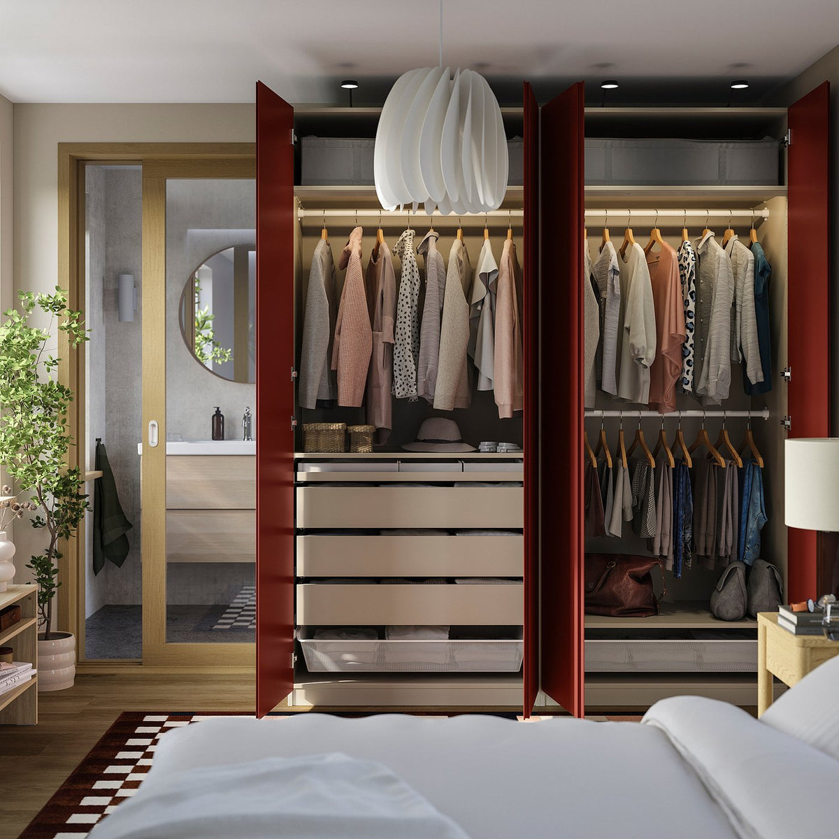 PAX / VIKANES wardrobe combination, grey/beige/red-brown, 200x60x236 cm