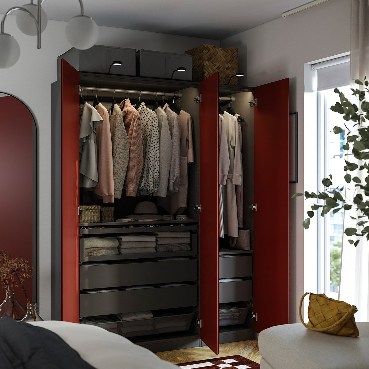 PAX / VIKANES wardrobe combination, dark grey/red-brown, 150x60x201 cm