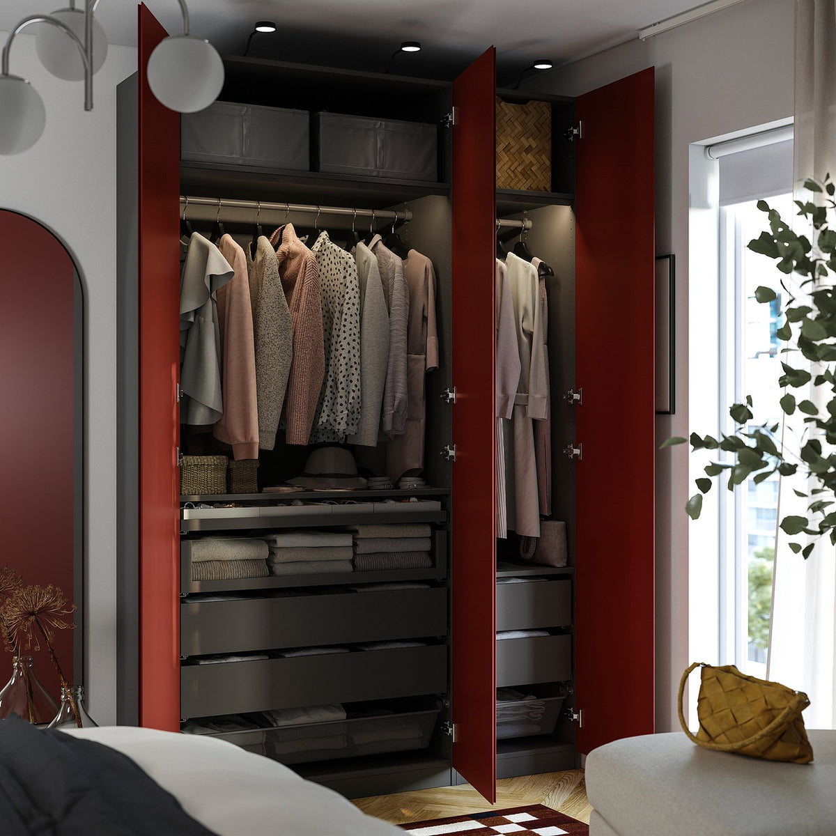 PAX / VIKANES wardrobe combination, dark grey/red-brown, 150x60x236 cm