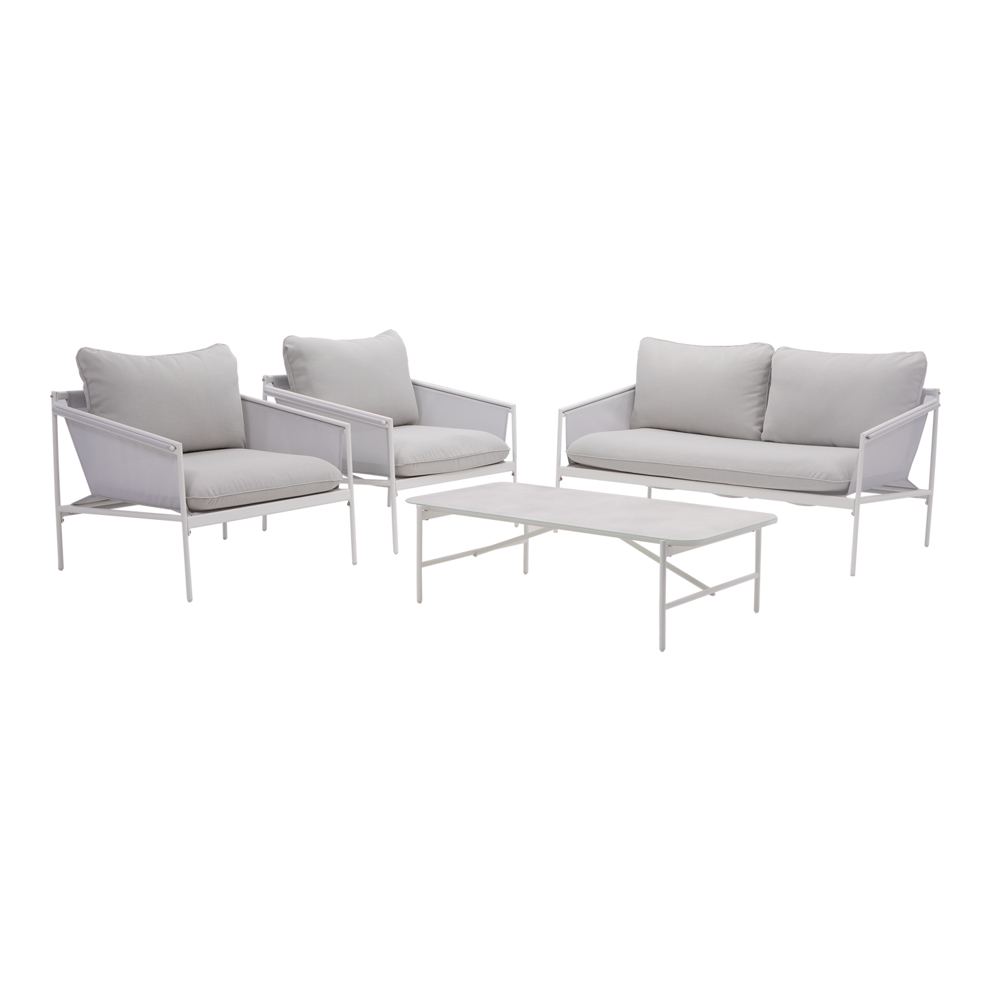 COFFEE SET NATERIAL SIGMA 4 SEATER WHITE STEEL WITH GLASS COFFEE TABLE TOP