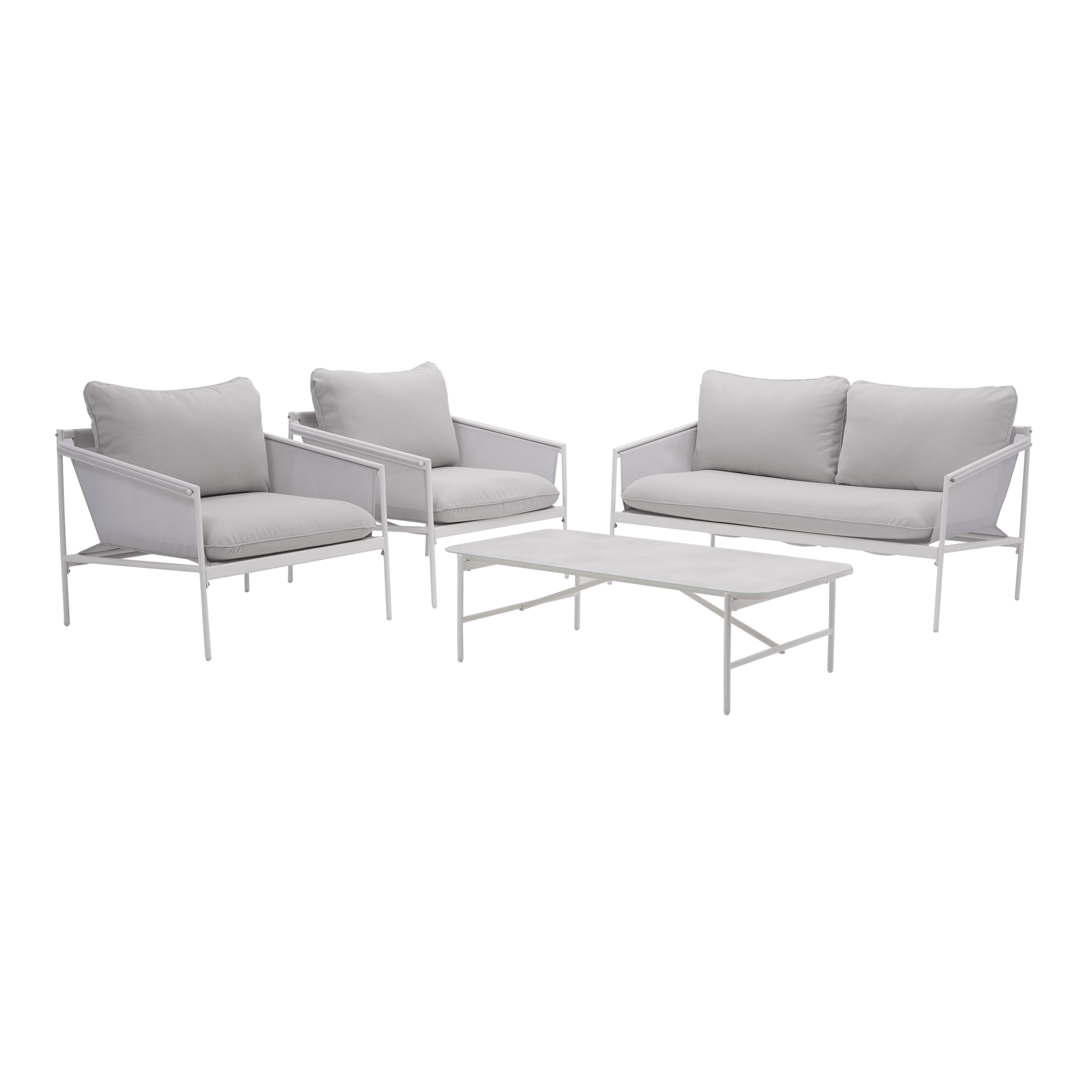 Bricocenter COFFEE SET NATERIAL SIGMA 4 SEATER WHITE STEEL WITH GLASS COFFEE TABLE TOP