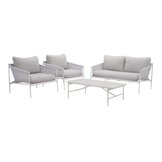 COFFEE SET NATERIAL SIGMA 4 SEATER WHITE STEEL WITH GLASS COFFEE TABLE TOP