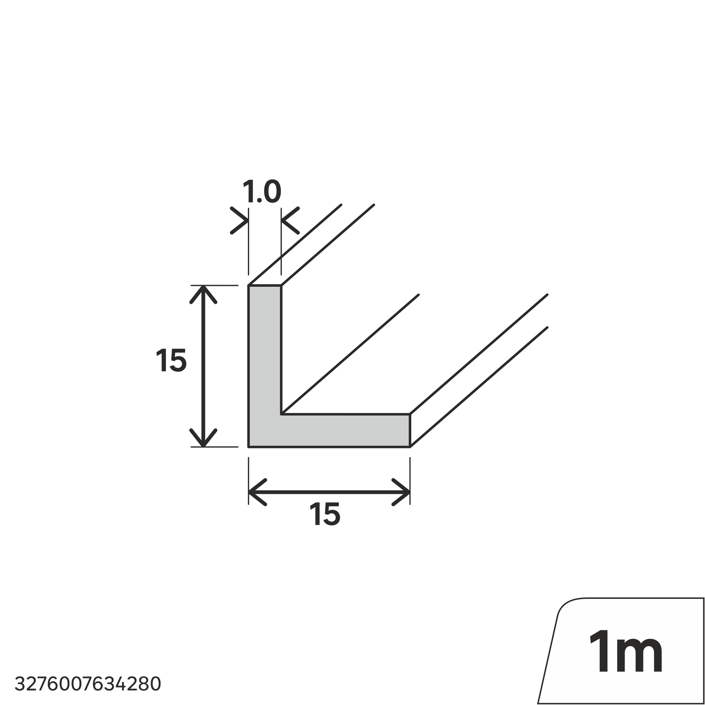 15x15x1mm matt white PVC corner profile, 1 metre, with adhesive backing