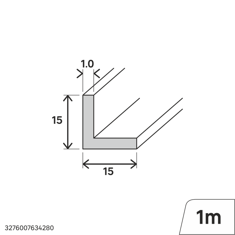 15x15x1mm matt white PVC corner profile, 1 metre, with adhesive backing