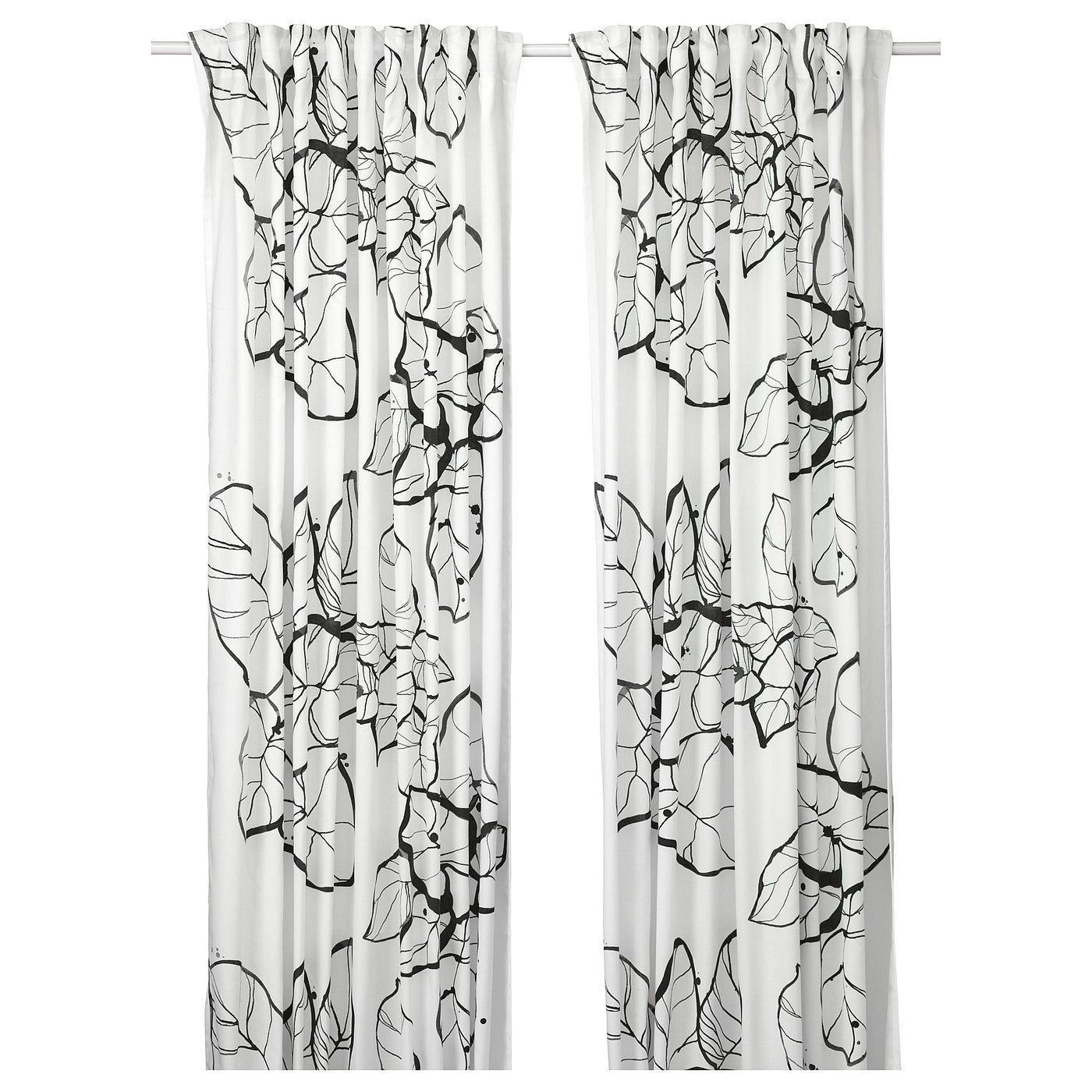 PELARKÖRSBÄR curtains, 1 pair, white/black floral pattern/with heading tape, 145x300 cm