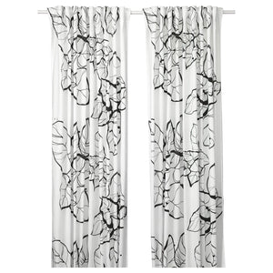 PELARKÖRSBÄR curtains, 1 pair, white/black floral pattern/with heading tape, 145x300 cm