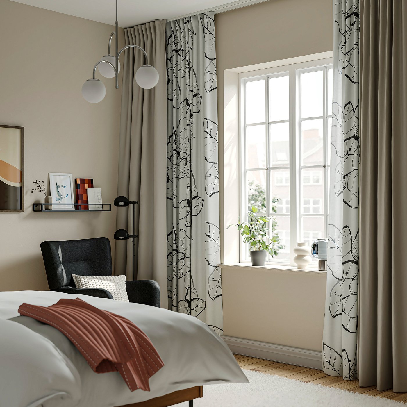 PELARKÖRSBÄR curtains, 1 pair, white/black floral pattern/with heading tape, 145x300 cm