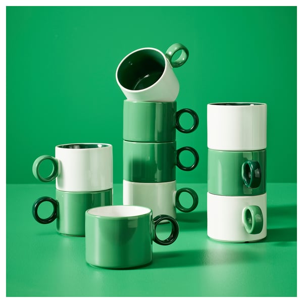 PIGGÅL mug, white/green, 30 cl, 2 pack
