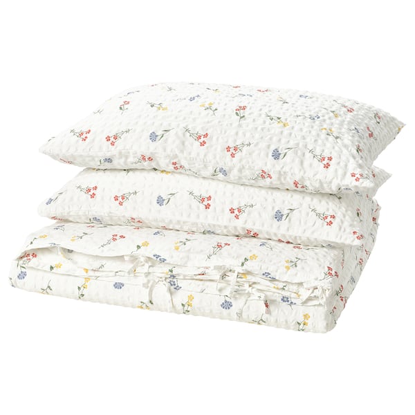 PILDVÄRGMAL duvet cover and 2 pillowcases, white/floral pattern, 240x220/50x80 cm