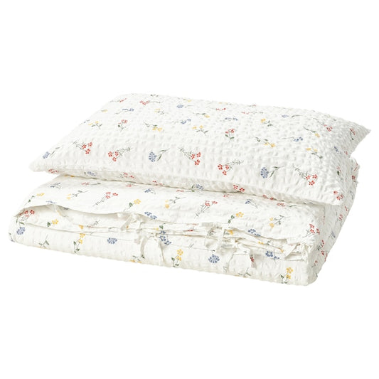 PILDVÄRGMAL - Duvet cover and pillowcase, white/floral pattern, 150x200/50x80 cm