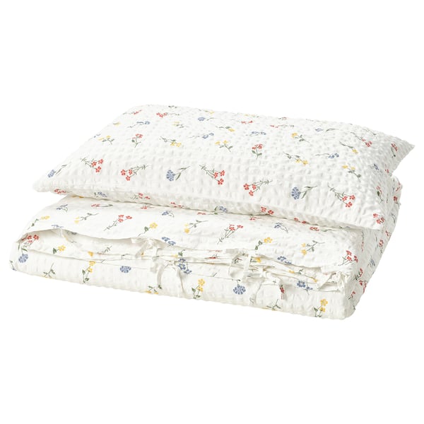 PILDVÄRGMAL - PILDVÄRGMAL Duvet cover and pillowcase, white/floral pattern, 150x200/50x80 cm