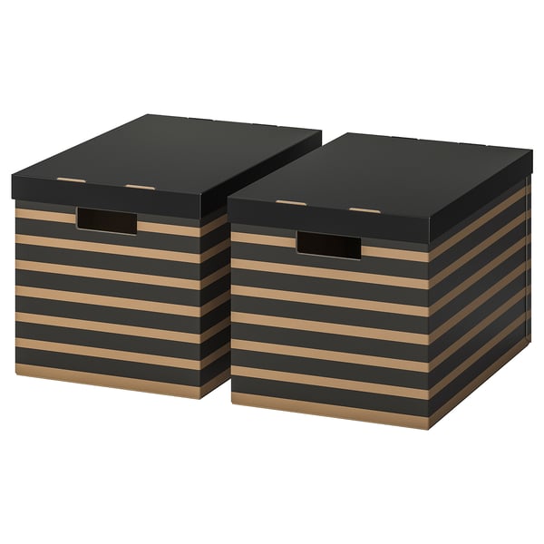 PINGLA box with lid, black/natural, 56x37x36 cm, 2 pack