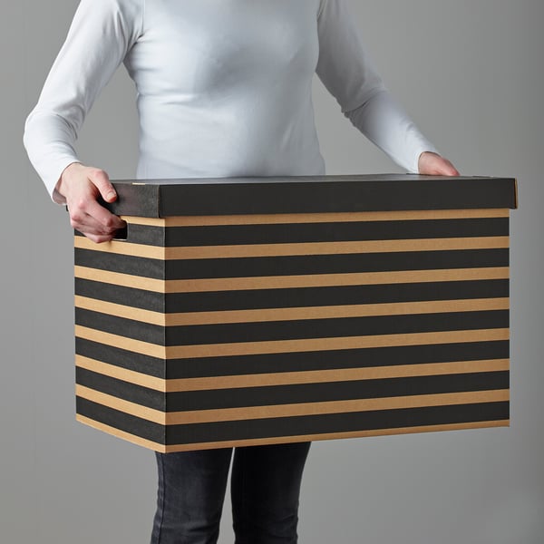 PINGLA box with lid, black/natural, 56x37x36 cm, 2 pack