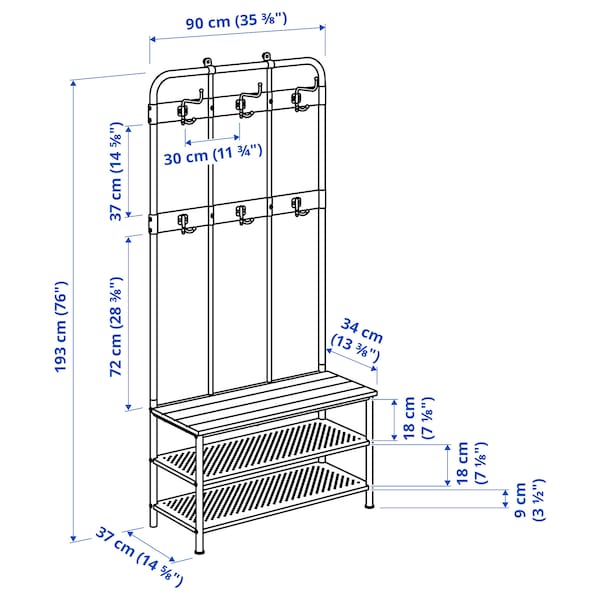 PINNIG - Coat rack with shoe storage bench, black, 193x37x90 cm