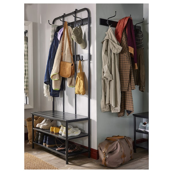 PINNIG - Coat rack with shoe storage bench, black, 193x37x90 cm