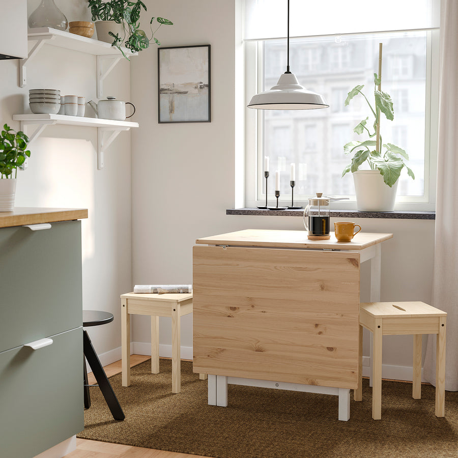 PINNTORP / HÄGERNÄS table and 2 stools, light brown stained white stained/pine pine, 67/124x75 cm