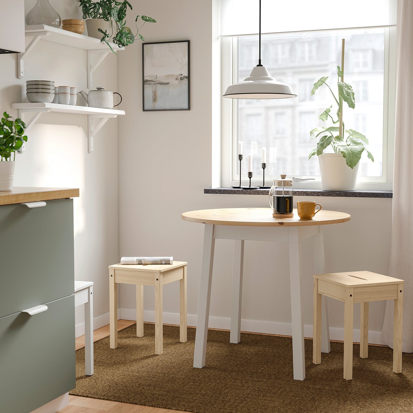 PINNTORP / HÄGERNÄS table and 2 stools, light brown stained white stained/pine, 85 cm