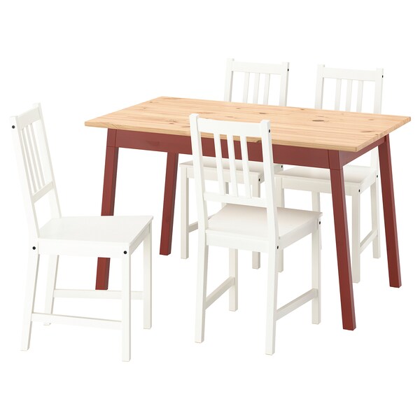 PINNTORP / STEFAN - Table and 4 chairs, light brown mordant red/white,125 cm