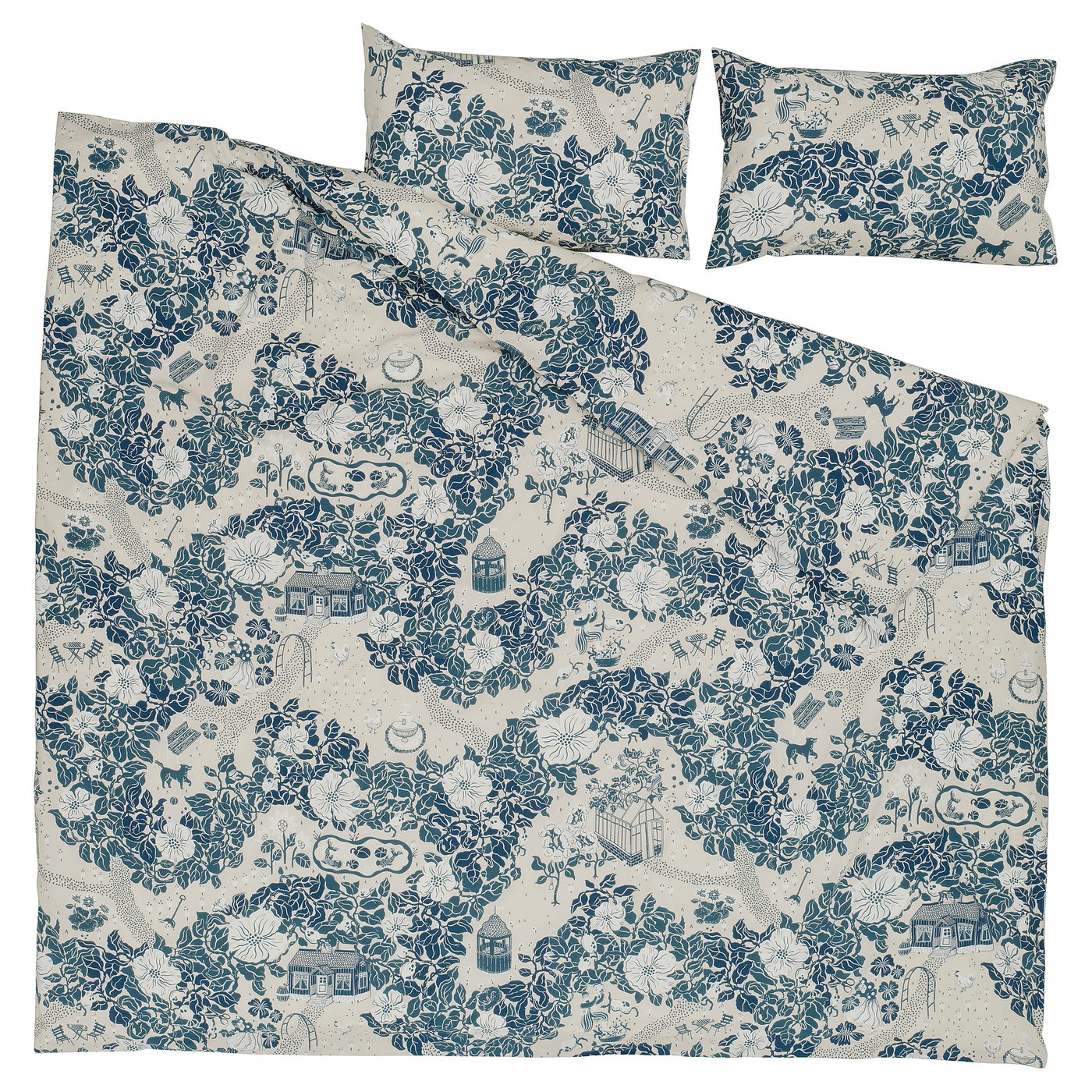 PJÄXE duvet cover and 2 pillowcases, light beige/floral pattern, 240x220/50x80 cm