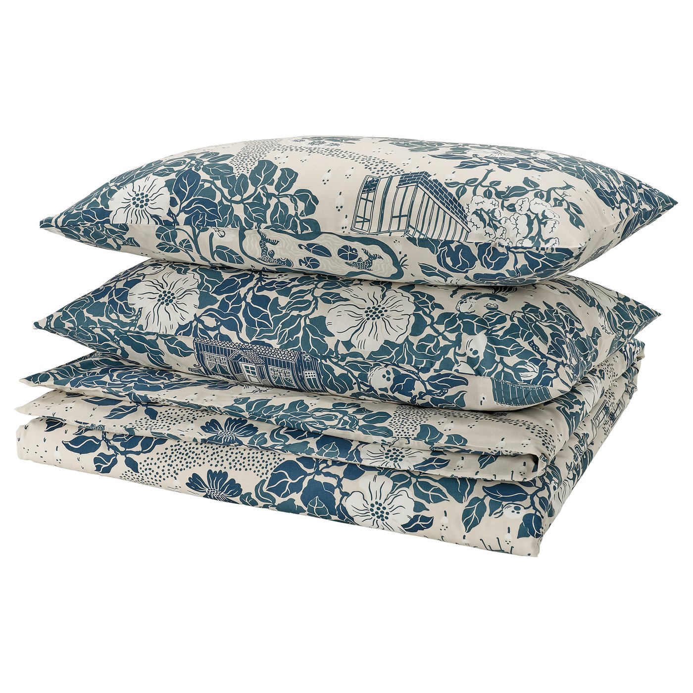 PJÄXE duvet cover and 2 pillowcases, light beige/floral pattern, 240x220/50x80 cm