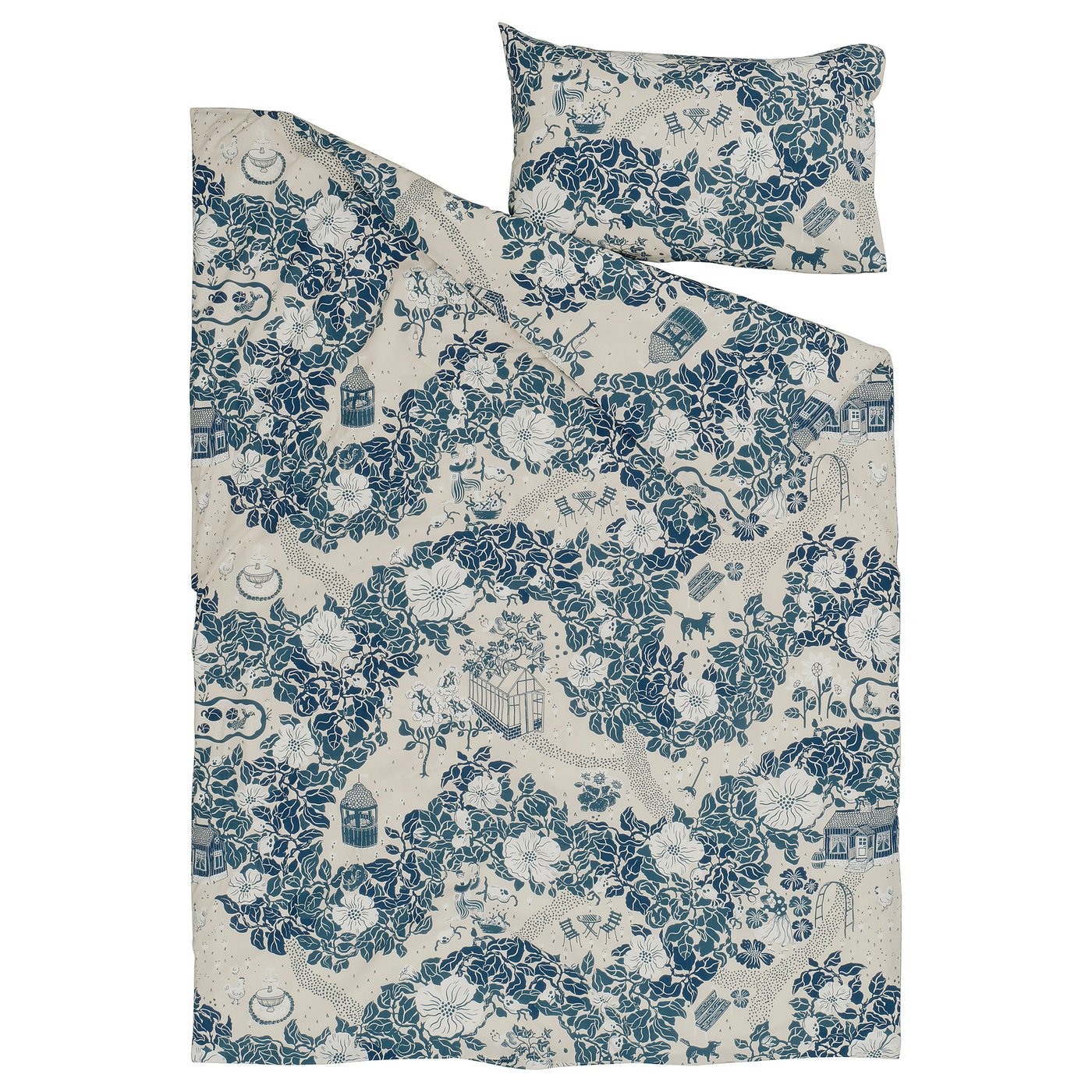 PJÄXE duvet cover and pillowcase, light beige/floral pattern, 150x200/50x80 cm