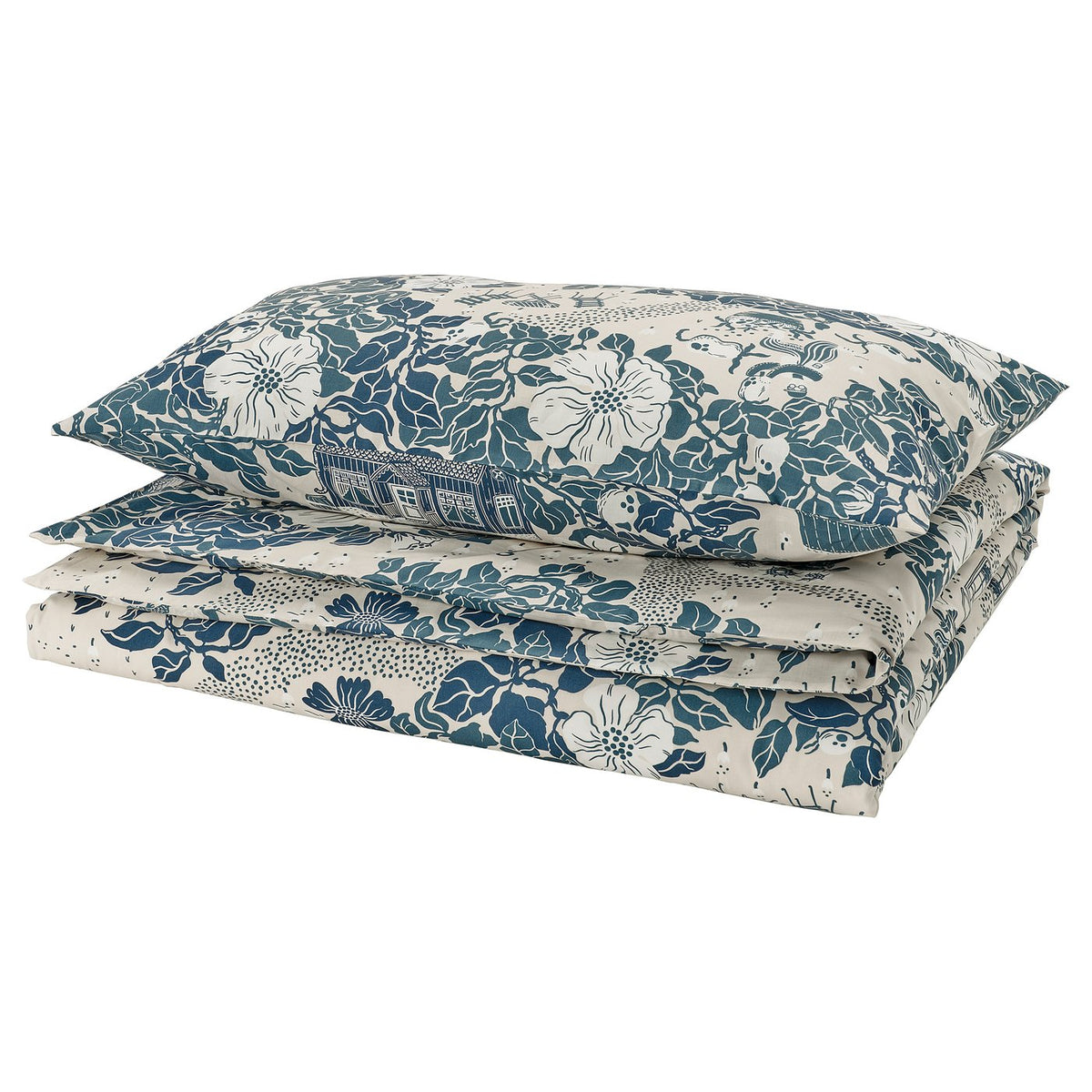 PJÄXE duvet cover and pillowcase, light beige/floral pattern, 150x200/50x80 cm