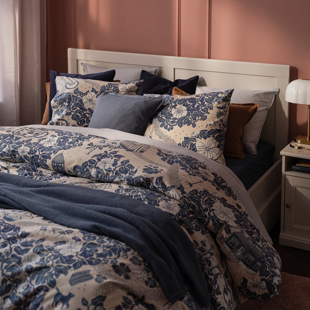PJÄXE duvet cover and pillowcase, light beige/floral pattern, 150x200/50x80 cm