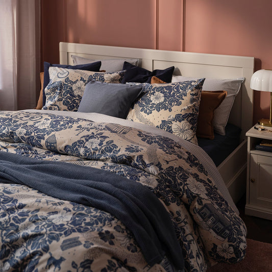 PJÄXE duvet cover and pillowcase, light beige/floral pattern, 150x200/50x80 cm