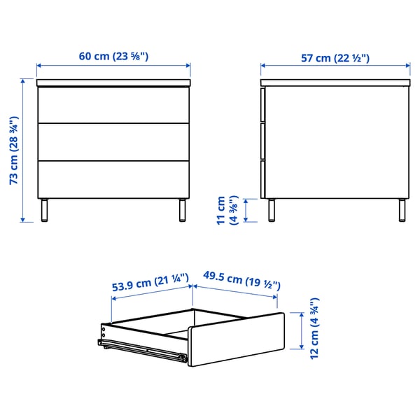 PLATSA chest of 3 drawers, white/Fonnes white, 60x57x73 cm