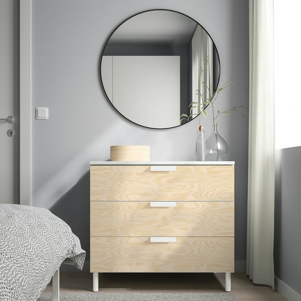 PLATSA chest of 3 drawers, white/Kalbåden lively pine effect, 80x57x73 cm