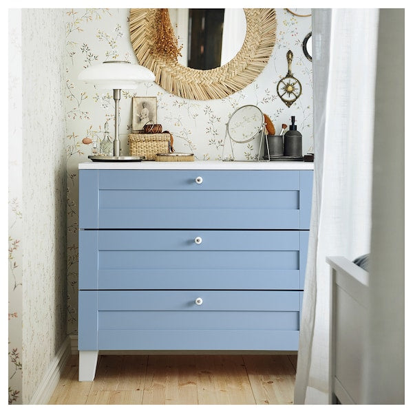 PLATSA - Chest of 3 drawers, white/Sannidal blue, 80x57x73 cm