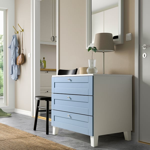 PLATSA chest of 3 drawers, white/Sannidal blue, 80x57x73 cm