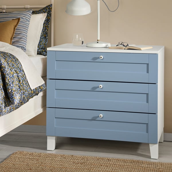 PLATSA chest of 3 drawers, white/Sannidal blue, 80x57x73 cm