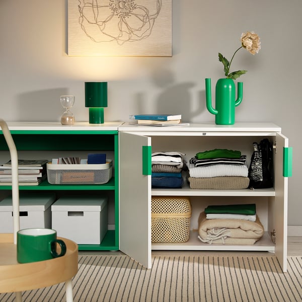 PLATSA open storage combination w 2 doors, white Fonnes/green, 160x42x63 cm