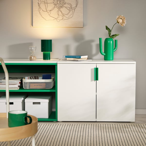 PLATSA open storage combination w 2 doors, white Fonnes/green, 160x42x63 cm