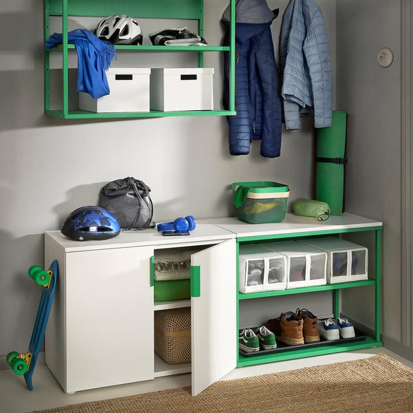 PLATSA open storage combination w 2 doors, white Fonnes/green, 160x42x63 cm