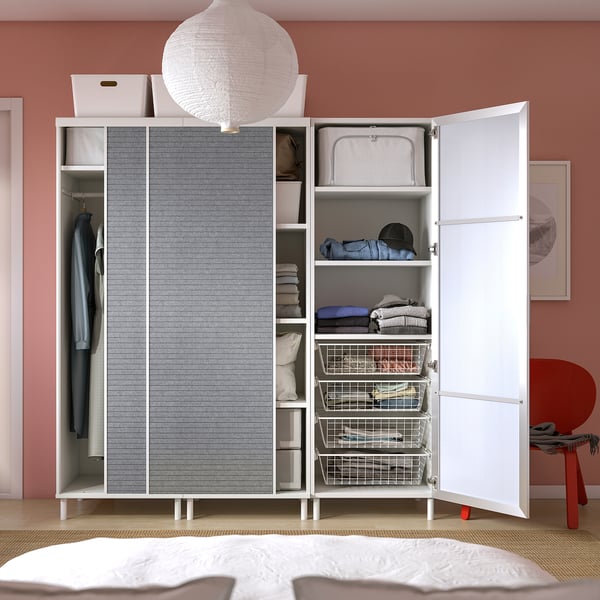 PLATSA wardrobe w 2 sliding doors+1 door, white Larkollen/dark grey STRAUMEN mirror glass, 180x57x191 cm