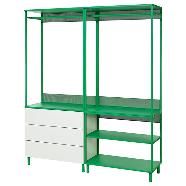 PLATSA - PLATSA Open wardrobe with 3 drawers, white/Fonnes green, 160x42x191 cm