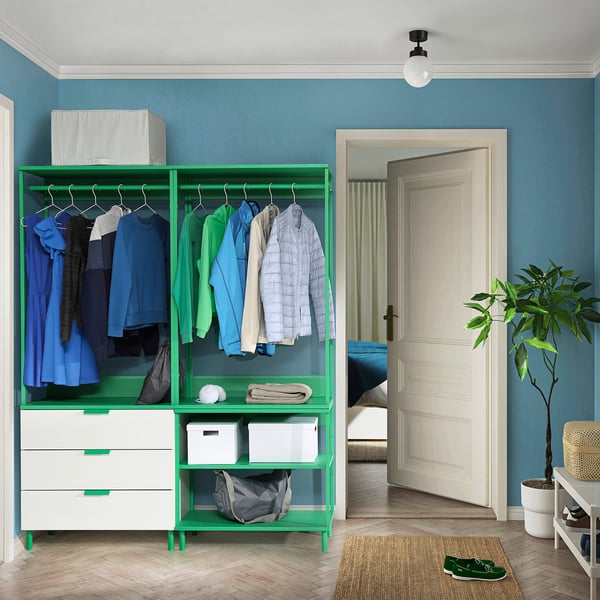 PLATSA - PLATSA Open wardrobe with 3 drawers, white/Fonnes green, 160x42x191 cm