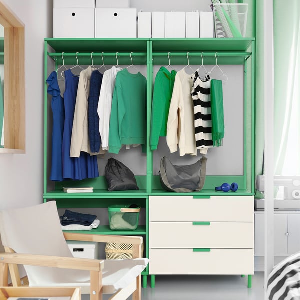 PLATSA open wardrobe with 3 drawers, white/Fonnes green, 160x42x191 cm