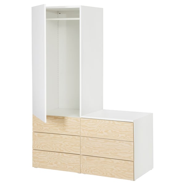PLATSA wardrobe with 1 door and 6 drawers, white Kalbåden/lively pine effect FONNES white, 120x57x181 cm
