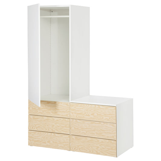 PLATSA wardrobe with 1 door and 6 drawers, white Kalbåden/lively pine effect FONNES white, 120x57x181 cm