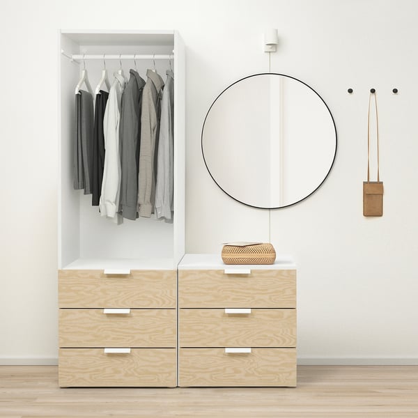 PLATSA wardrobe with 1 door and 6 drawers, white Kalbåden/lively pine effect FONNES white, 120x57x181 cm