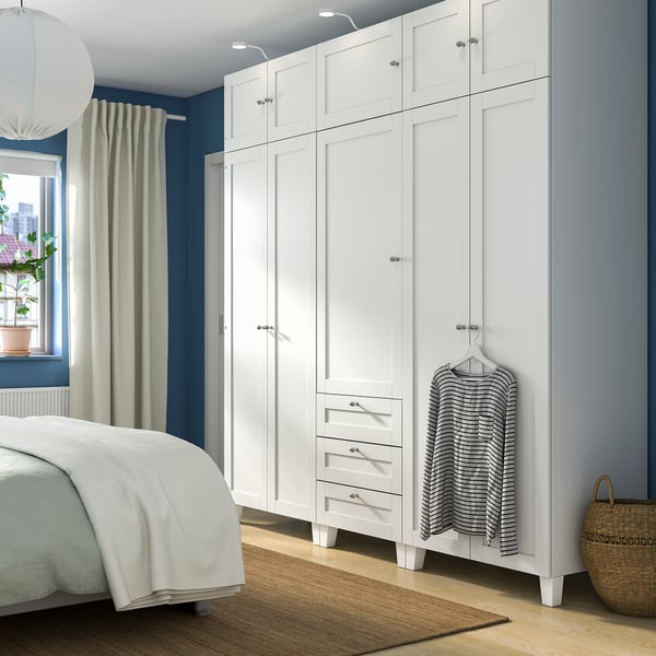 PLATSA wardrobe with 10 doors + 3 drawers, white/SANNIDAL white, 220x57x231 cm