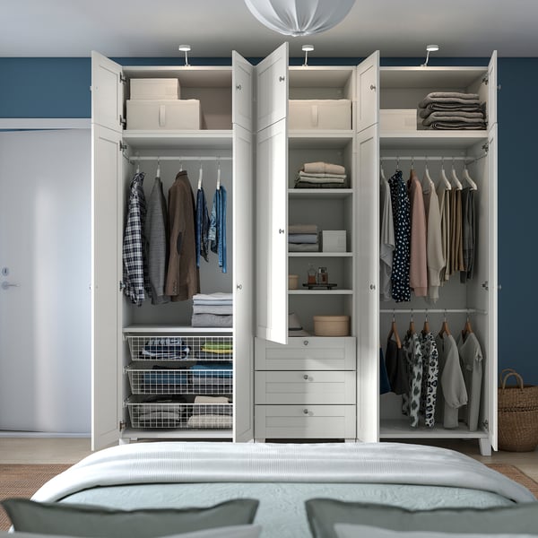 PLATSA wardrobe with 10 doors + 3 drawers, white/SANNIDAL white, 220x57x231 cm