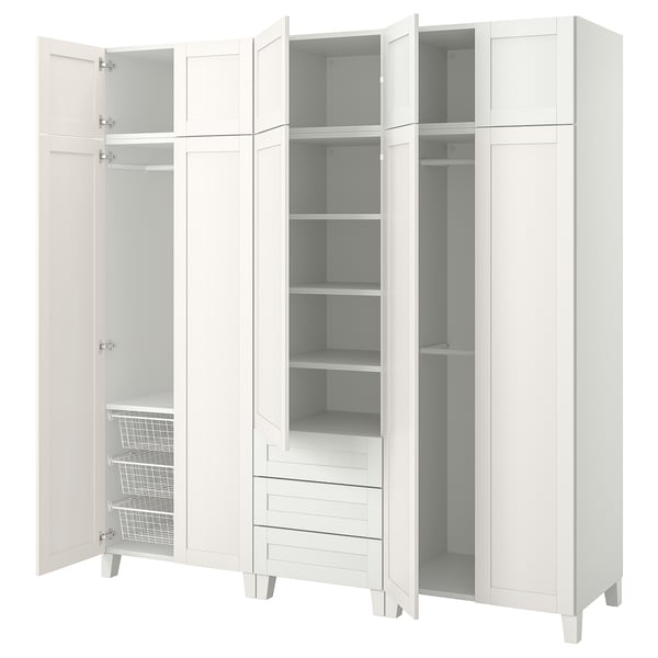PLATSA wardrobe with 10 doors + 3 drawers, white/SANNIDAL white, 220x57x231 cm