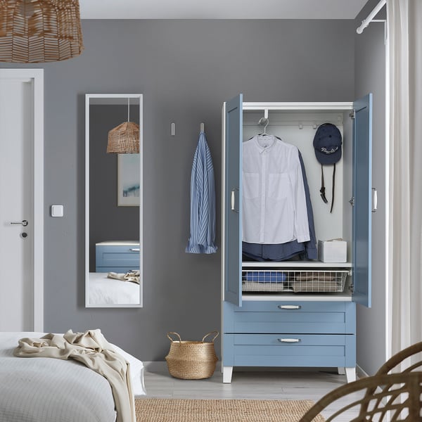PLATSA wardrobe with 2 doors+2 drawers, white/Sannidal blue, 80x42x173 cm