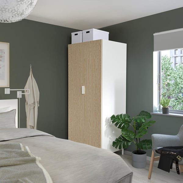 PLATSA wardrobe with 2 doors, white/Kalbåden lively pine effect, 80x57x191 cm