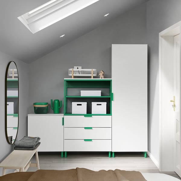 PLATSA wardrobe with 2 doors+3 drawers, white Fonnes/green, 200x42x191 cm