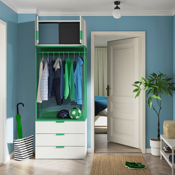 PLATSA wardrobe with 2 doors+3 drawers, white/Fonnes green, 80x42x221 cm